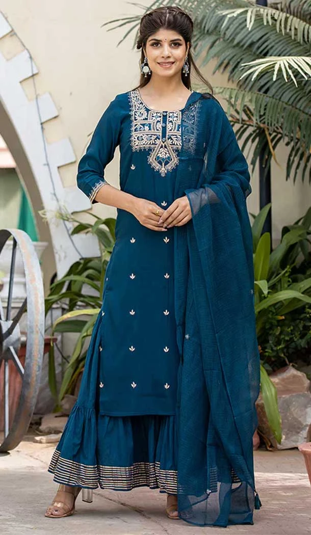 Teal Blue Color Silk Digital Print Work Party Wear Readymade Suit -5917165505