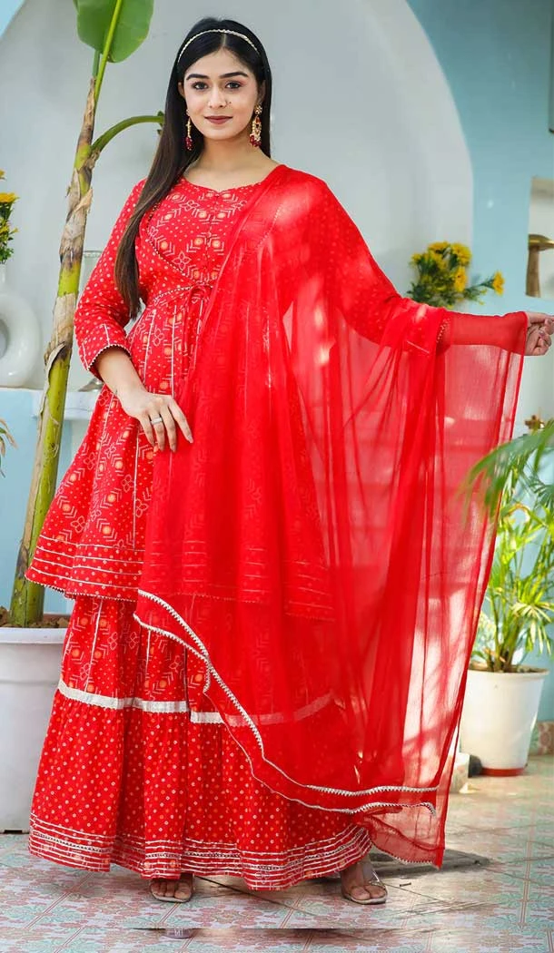 Red Color Cotton Digital Print Work Party Wear Readymade Suit -5917165507