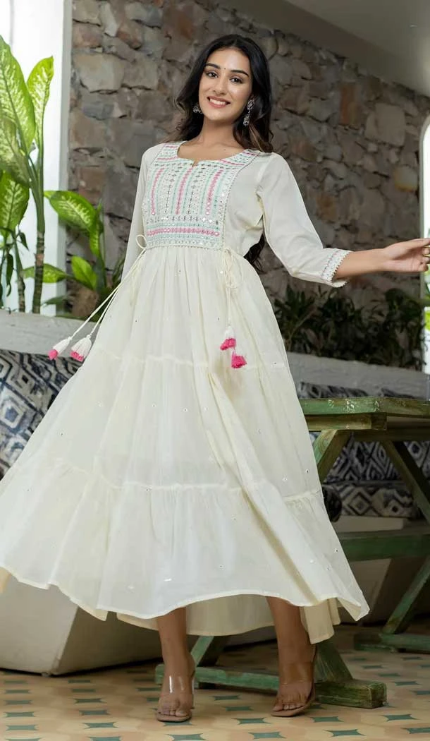 White Color Cotton Resham And Zari Work Casual Party Wear Readymade Gown -5918165510