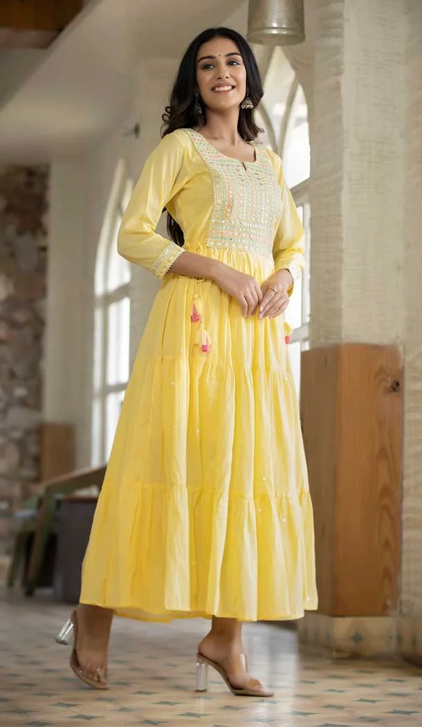 Yellow Color Cotton Resham And Zari Work Casual Party Wear Readymade Gown -5918165511