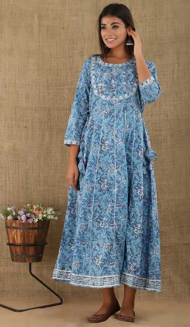 Blue Color Cotton Digital Print And Zari Work Casual Party Wear Readymade Gown -5918165512