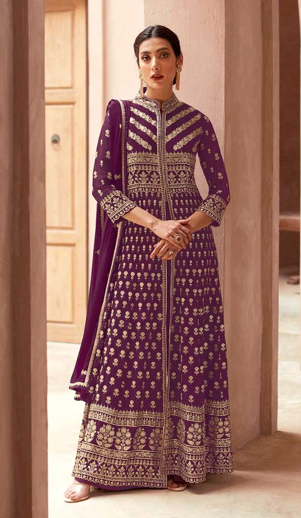 Purple Color Faux Georgette Resham Work Party Wear Palazzo Suit -5919165513