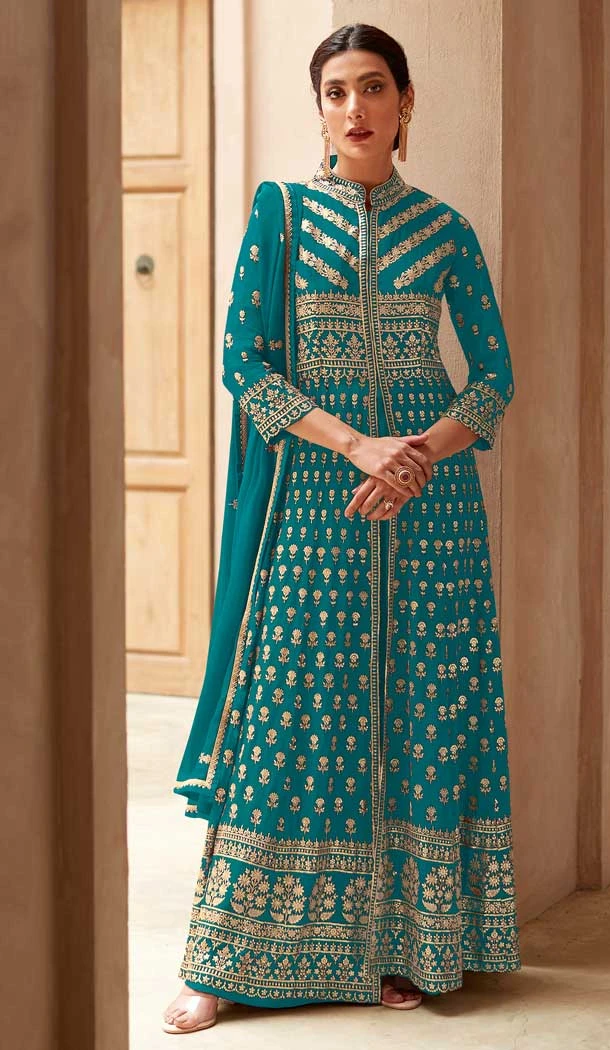 Blue Color Faux Georgette Resham Work Party Wear Palazzo Suit -5919165514