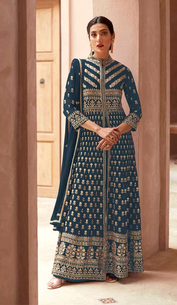 Navy Blue Color Faux Georgette Resham Work Party Wear Palazzo Suit -5919165515