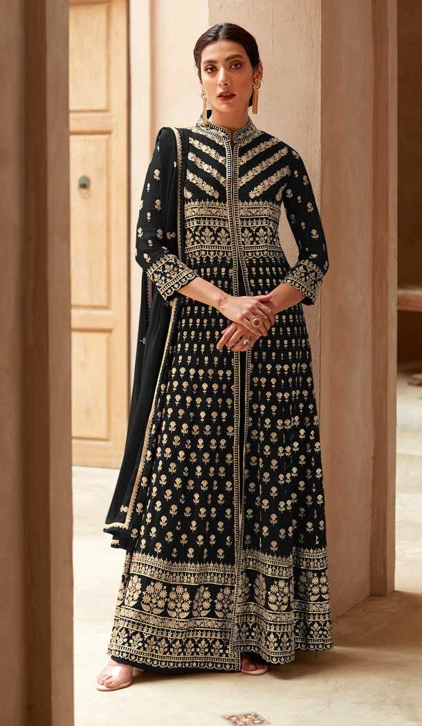Black Color Faux Georgette Resham Work Party Wear Palazzo Suit -5919165516