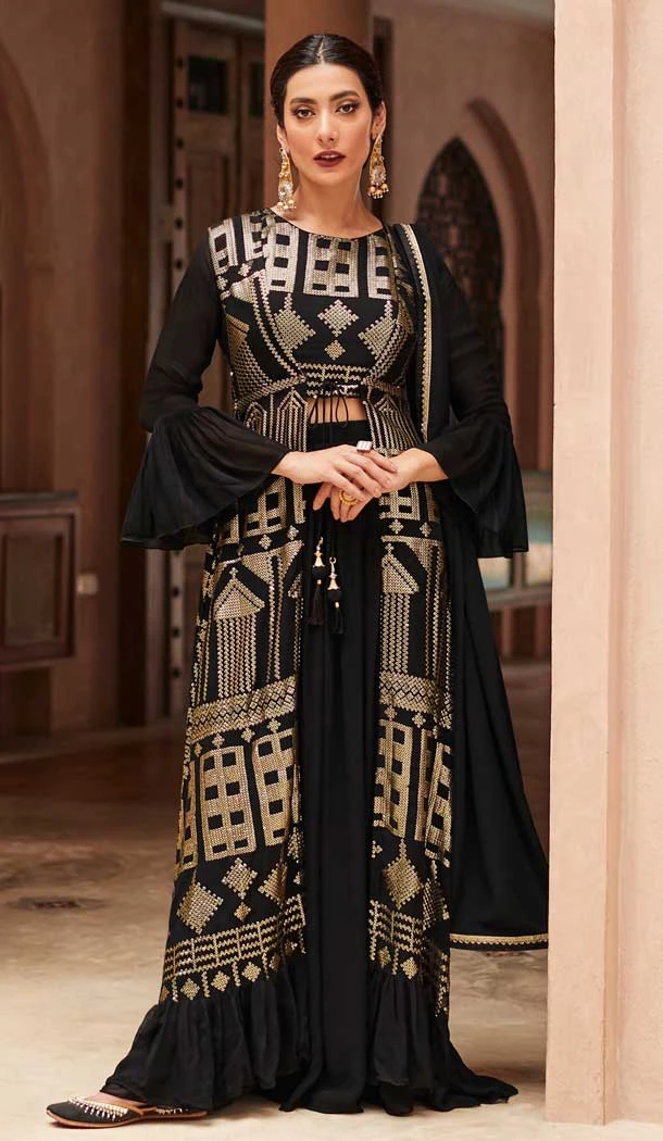 Black Color Georgette Sequins Work Party Wear Designer Palazzo Salwar Suit -5920165517