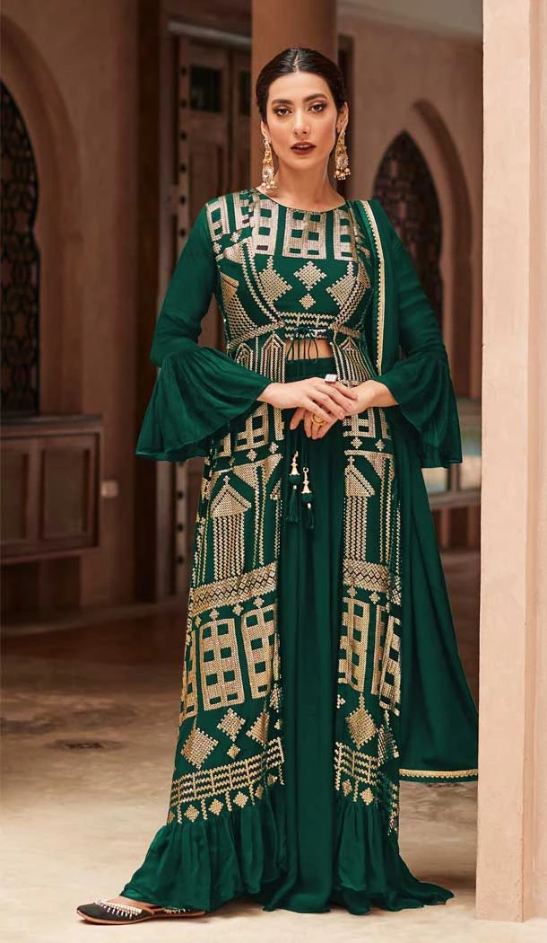 Dark Green Color Georgette Sequins Work Party Wear Designer Palazzo Salwar Suit -5920165519