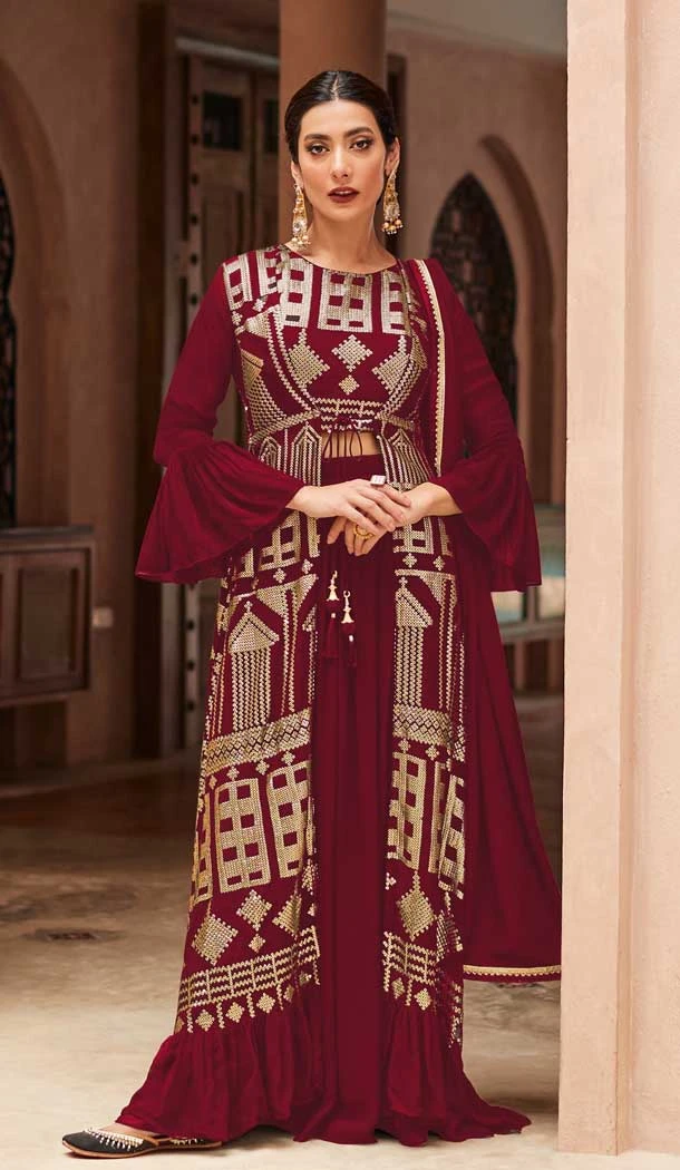 Maroon Color Georgette Sequins Work Party Wear Designer Palazzo Salwar Suit -5920165520