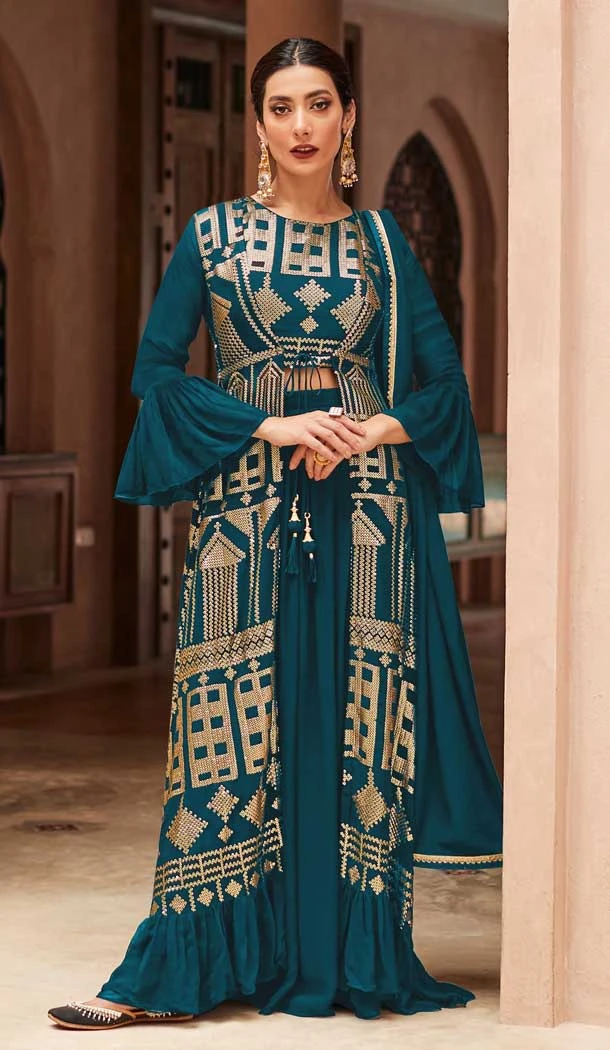 Teal Blue Color Georgette Sequins Work Party Wear Designer Palazzo Salwar Suit -5920165521