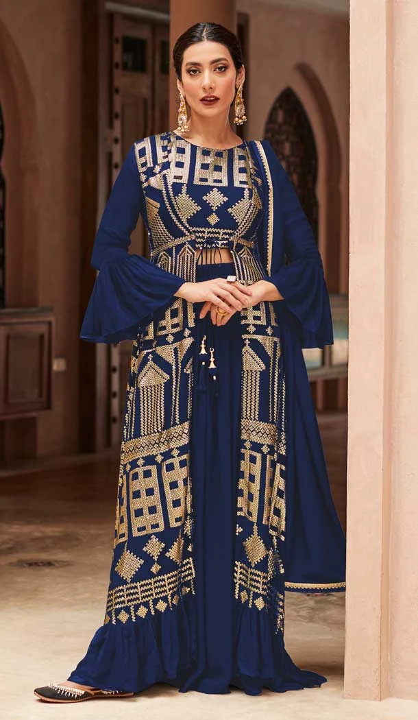 Navy Blue Color Georgette Sequins Work Party Wear Designer Palazzo Salwar Suit -5920165522