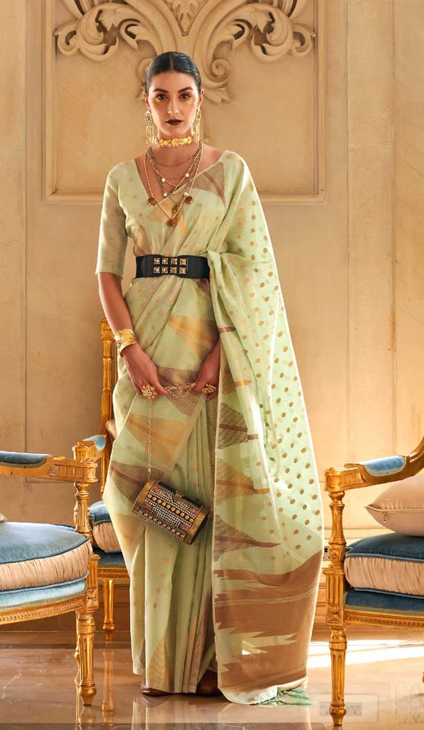 Pista Color Tissue Zari Handloom Weaving Work Party Wear Saree -5922165533