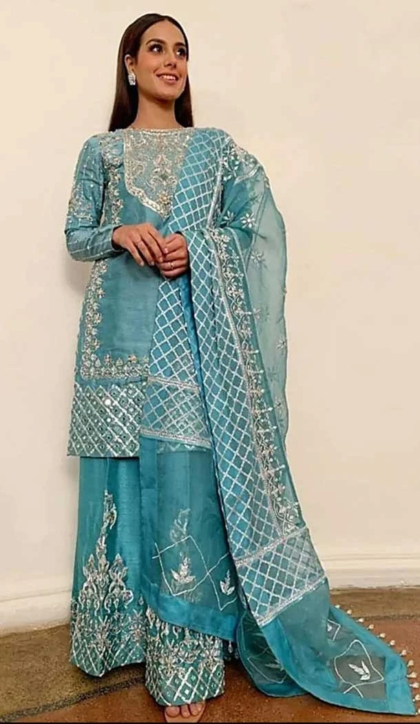 Festival Wear Sky Blue Color Organza Mirror Work Pakistan Palazzo Salwar Suit -5923165540