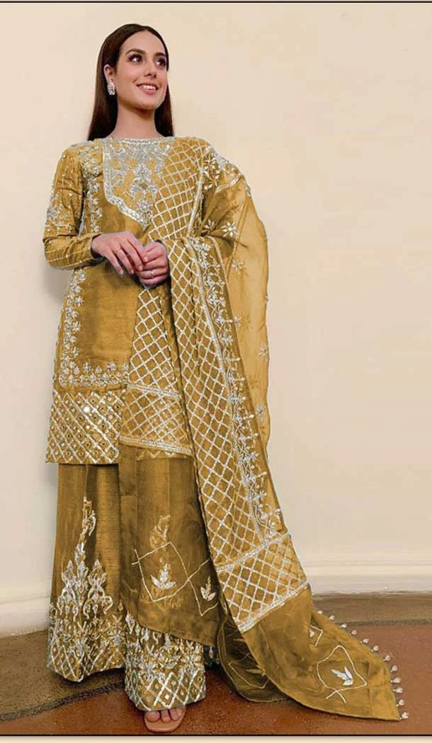 Festival Wear Yellow Color Organza Mirror Work Pakistan Palazzo Salwar Suit -5923165541