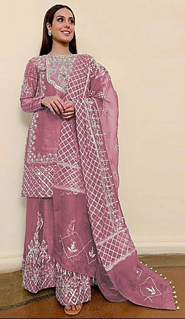 Festival Wear Pink Color Organza Mirror Work Pakistan Palazzo Salwar Suit -5923165542