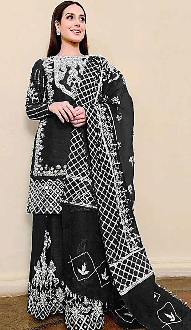 Festival Wear Black Color Organza Mirror Work Pakistan Palazzo Salwar Suit -5923165543