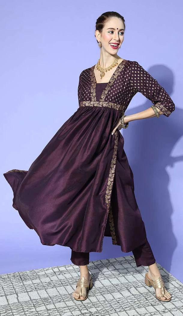 Wine Color Chinon Foil Print Work Party Wear Readymade Designer Kurti -5949165759