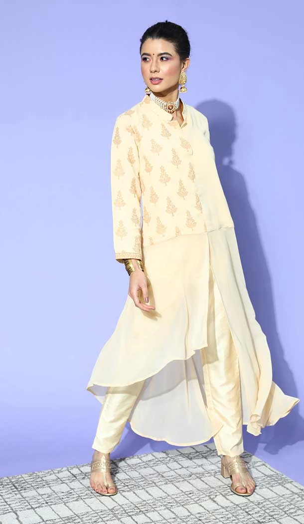 Cream Color Georgette And Poly Silk Digital Print Work Party Wear Readymade Kurti -5949165762