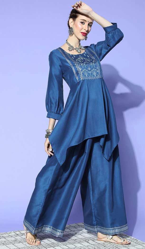 Blue Color Chinon Zari Work Festival Wear Readymade Kurti With Bottom -5950165764