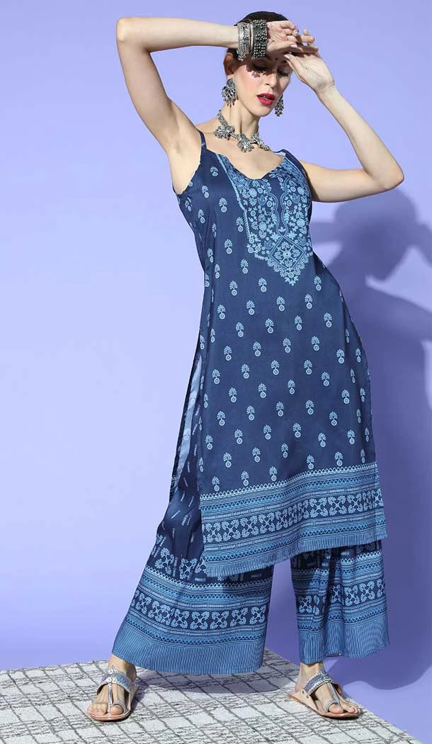 Navy Blue Color Chinon Digital Print Work Festival Wear Readymade Kurti With Bottom -5950165765