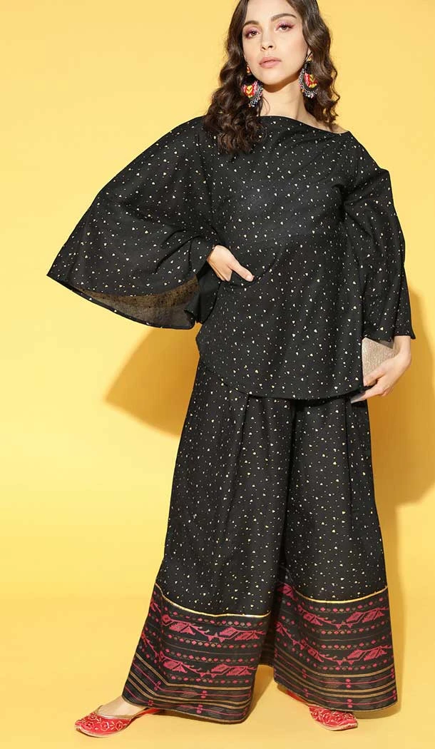 Black Color Cotton Digital Print Work Festival Wear Readymade Kurti With Bottom -5950165766