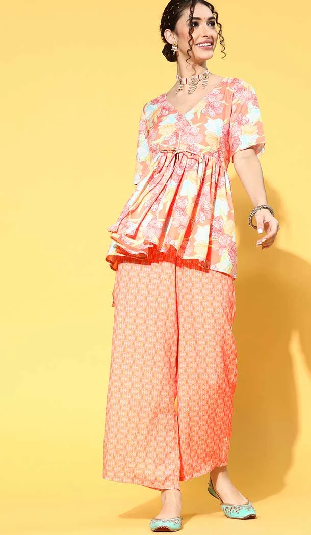 Peach Color Cotton Digital Print Work Festival Wear Readymade Kurti With Bottom -5950165767