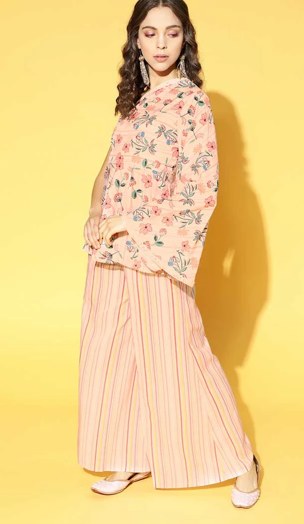 Peach Color Crepe Digital Print Work Festival Wear Readymade Kurti With Bottom -5950165769