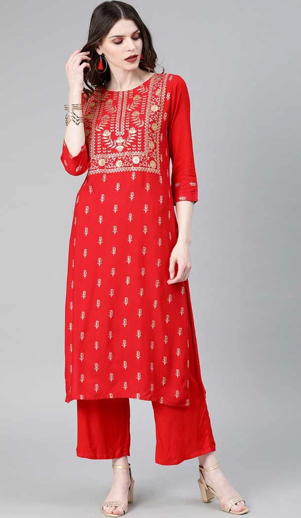 Red Color Rayon Foil Print Work Festival Wear Readymade Kurti With Bottom -5950165771