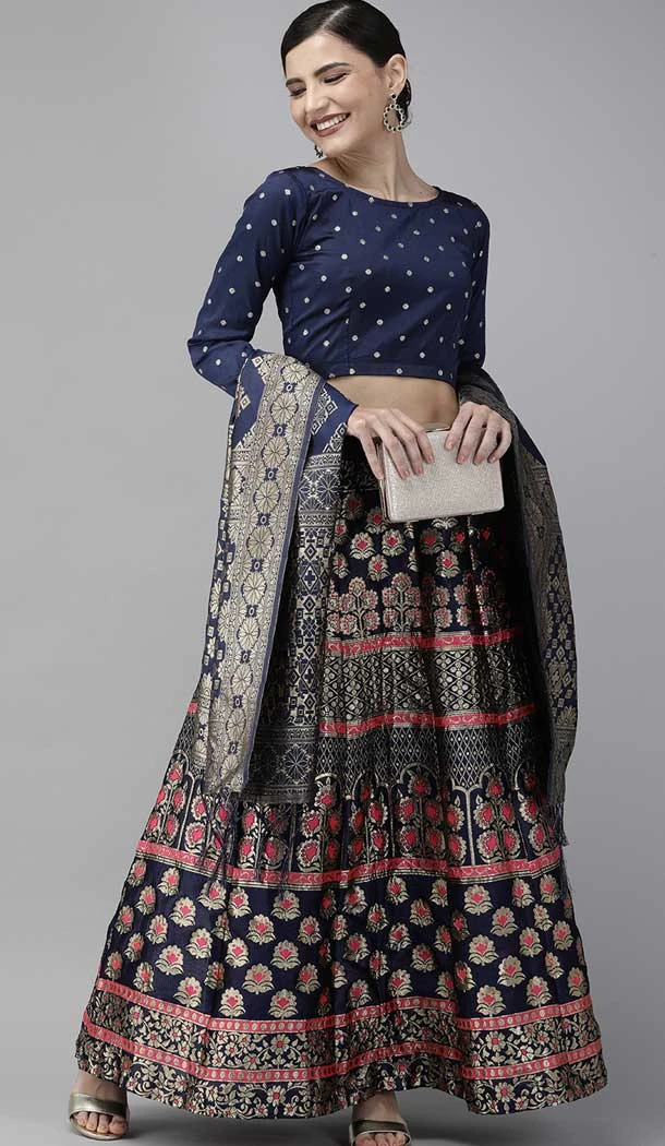Navy Blue And Pink Color Banarasi Silk Jacquard Work Party Lehenga Choli -5951165772