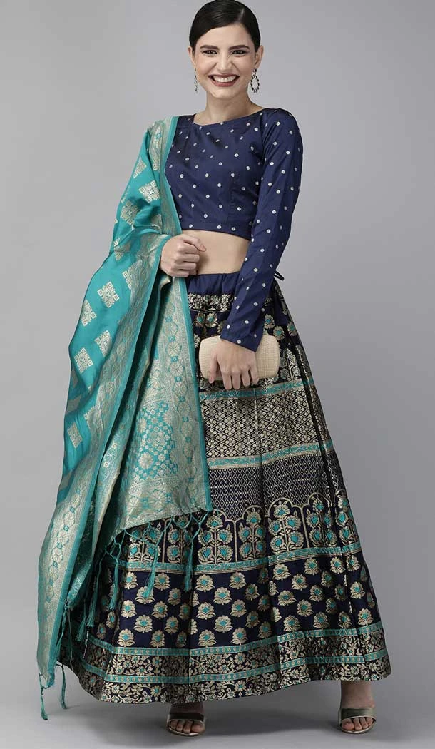 Banarasi Silk Navy Blue And Rama Blue Color Jacquard Work Party Lehenga Choli -5951165773