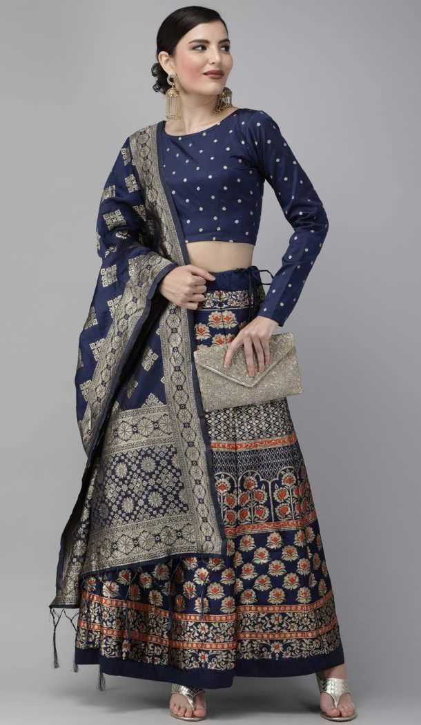 Jacquard Work Navy Blue And Orange Color Banarasi Silk Party Lehenga Choli -5951165774