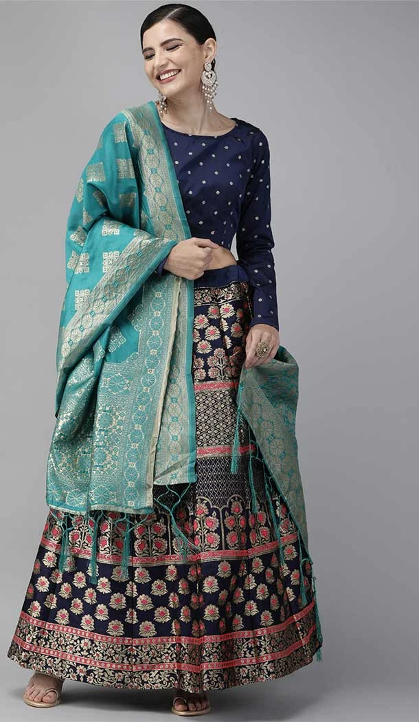 Designer Navy Blue And Pink Color Banarasi Silk Jacquard Work Party Wear Lehenga Choli -5951165775