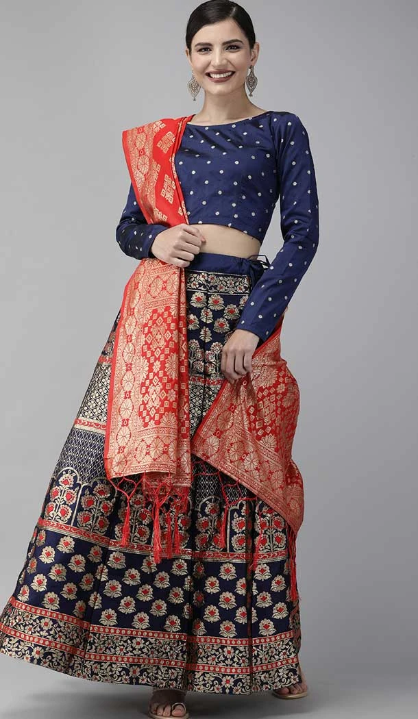 Function Wear Navy Blue And Red Color Banarasi Silk Jacquard Work Lehenga Choli -5951165776