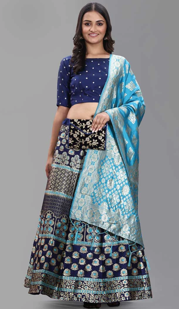 Navy Blue And Blue Color Jacquard Work Banarasi Silk Function Wear Lehenga Choli -5951165777