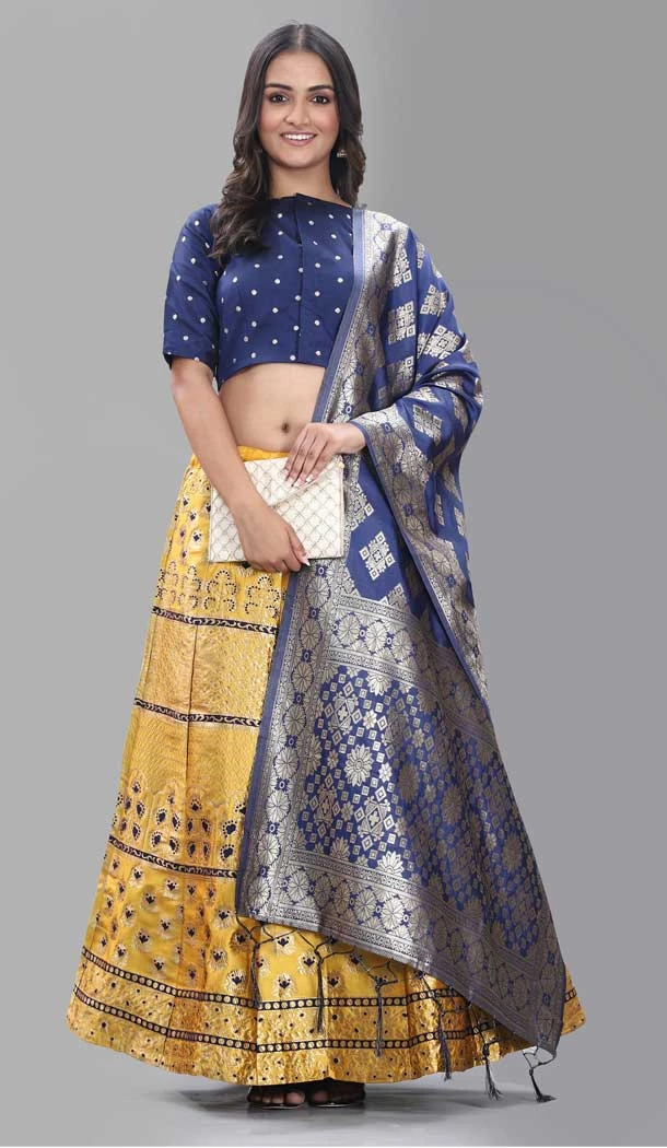 Navy Blue And Yellow Color Banarasi Silk Jacquard Work Party Lehenga Choli -5951165778