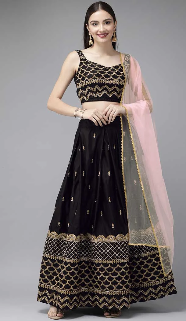 Black Color Taffeta Satin Dori And Zari Work Party Wear Lehenga Choli -5952165779