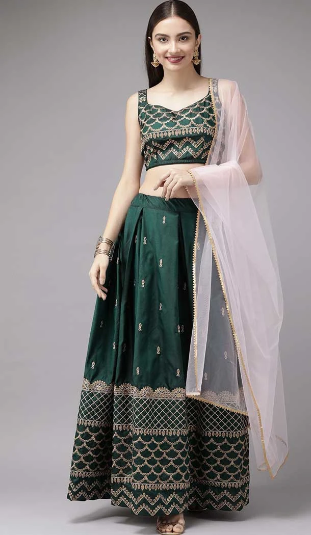 Green Color Taffeta Satin Dori And Zari Work Party Wear Lehenga Choli -5952165780