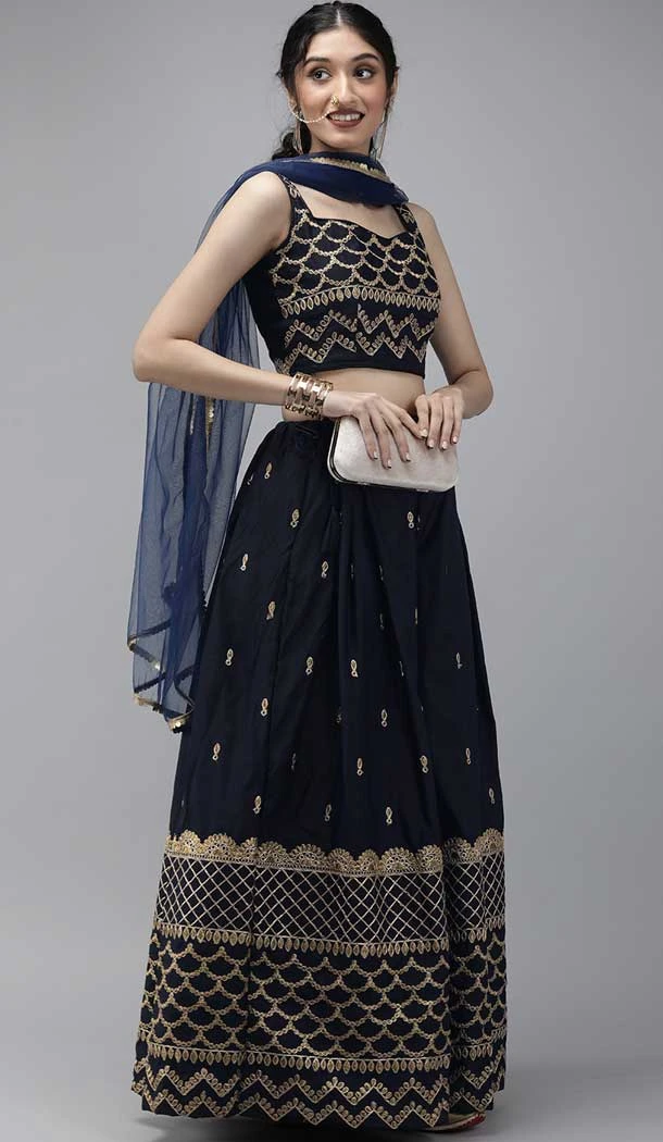 Navy Blue Color Taffeta Satin Dori And Zari Work Party Wear Lehenga Choli -5952165781
