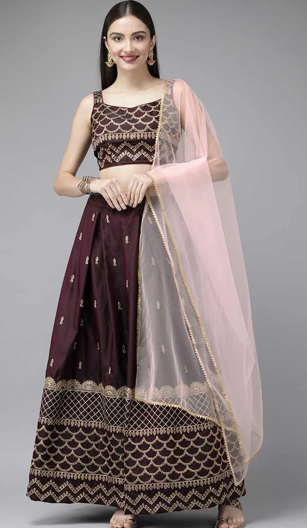 Burgundy Color Taffeta Satin Dori And Zari Work Party Wear Lehenga Choli -5952165782