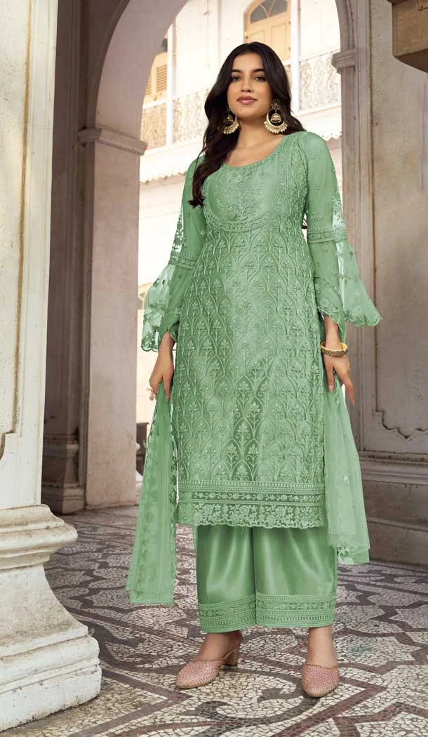 Sea Green Color Butterfly Net Stone Work Pakistani Palazzo Salwar Suit -5953165784