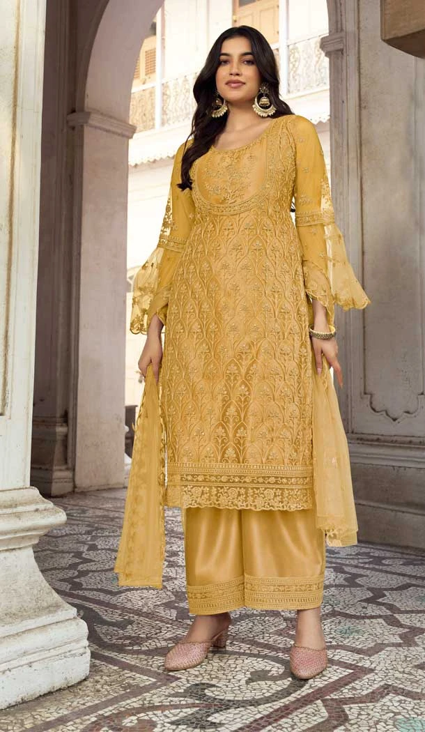 Mustard Color Butterfly Net Stone Work Pakistani Palazzo Salwar Suit -5953165785