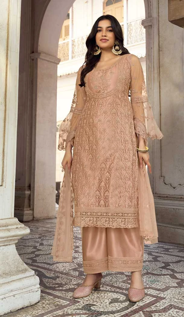 Beige Color Butterfly Net Stone Work Pakistani Palazzo Salwar Suit -5953165786