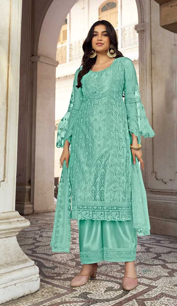 Turquoise Color Butterfly Net Stone Work Pakistani Palazzo Salwar Suit -5953165787