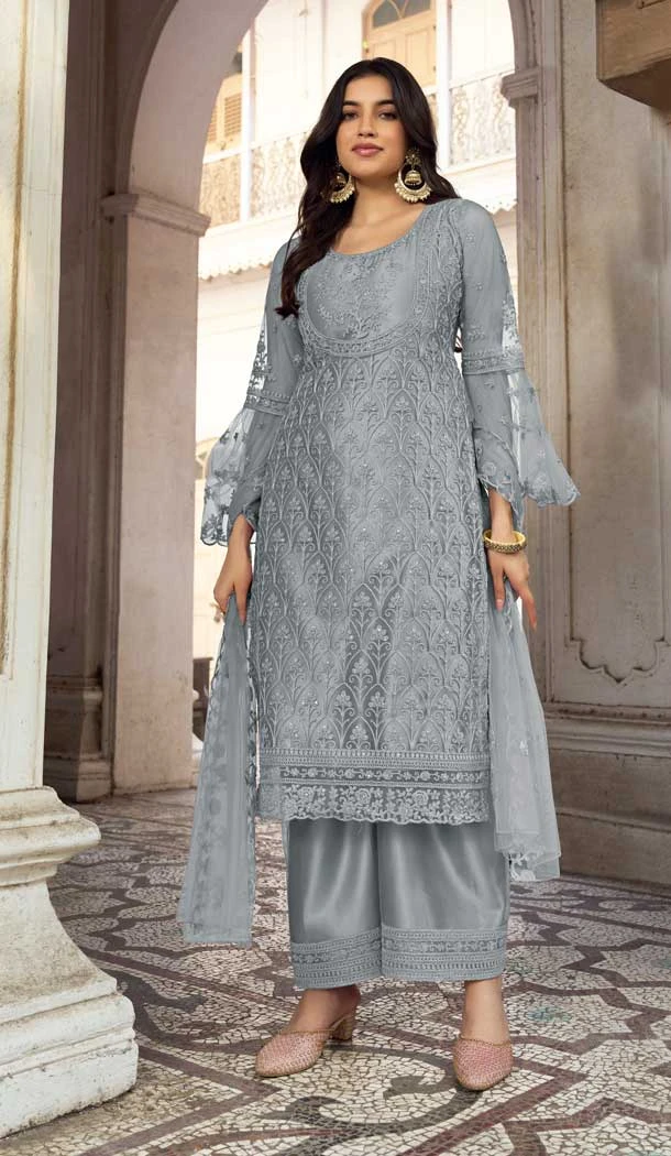 Grey Color Butterfly Net Stone Work Pakistani Palazzo Salwar Suit -5953165788