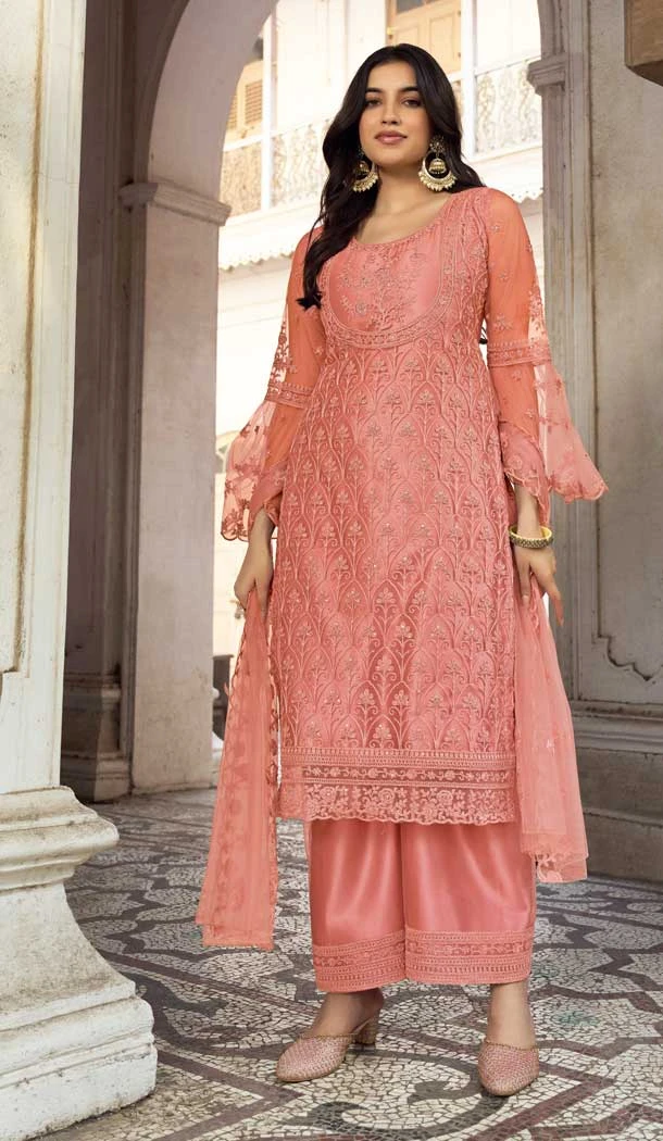 Peach Color Butterfly Net Stone Work Pakistani Palazzo Salwar Suit -5953165789