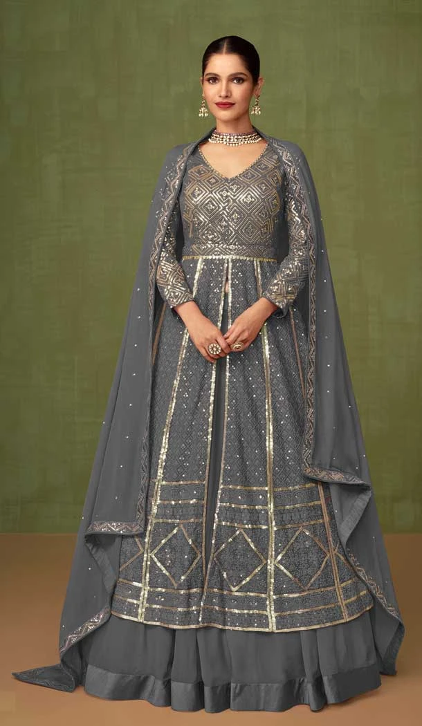 Grey Color Faux Georgette Resham Work Party Wear Designer Salwar Suit -5934165630