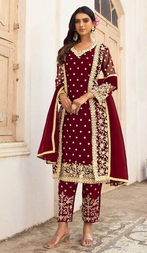 Maroon Color Butterfly Net Embroidery Work Party Wear Salwar Suit -5954165794