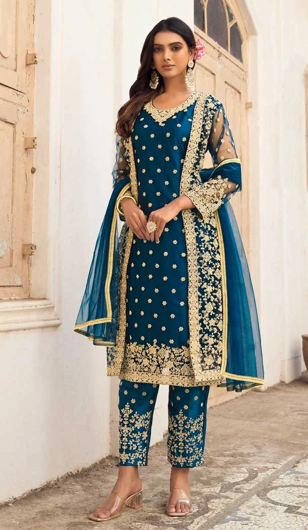 Teal Blue Color Butterfly Net Embroidery Work Party Wear Salwar Suit -5954165797