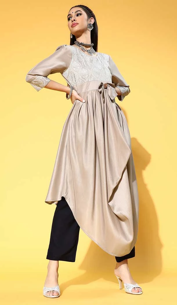 Grey Color Chinon Floral Print Work Casual Wear Readymade Designer Kurti -5955165800