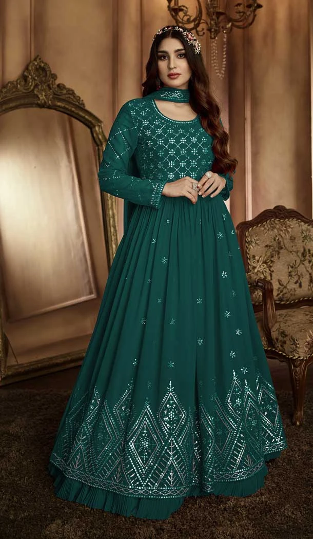 Teal Green Color Georgette Resham Work Party Wear Designer Salwar Kameez -5961165851