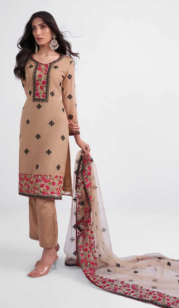 Festival Wear Light Brown Color Georgette Zari Embroidery Party Salwar Suit -5968165979